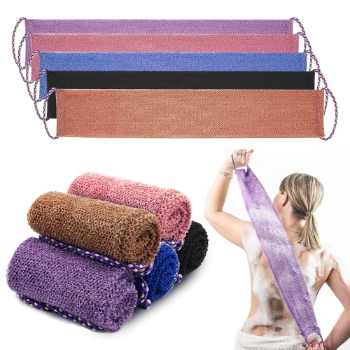 Pinkiou 5 Pièces Eponge Africaine Exfoliante, Gommage Gant de Toilette Exfoliant Double Face avec Poignées Brosse Exfoliante Douce et Rugueuse pour Exfoliant, Violet+Bleu+café+Noir+Rose