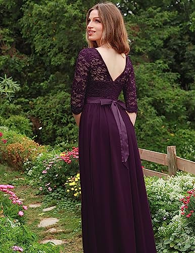 Berylove Dresses For Women 2023 Maxi Formal Dresses Long Sleeve Boat Neck A-Line Bridesmaid Cocktail Party Dress Floral Lace Elegant Winter Dresses For Wedding Guest Grape L #TOP1