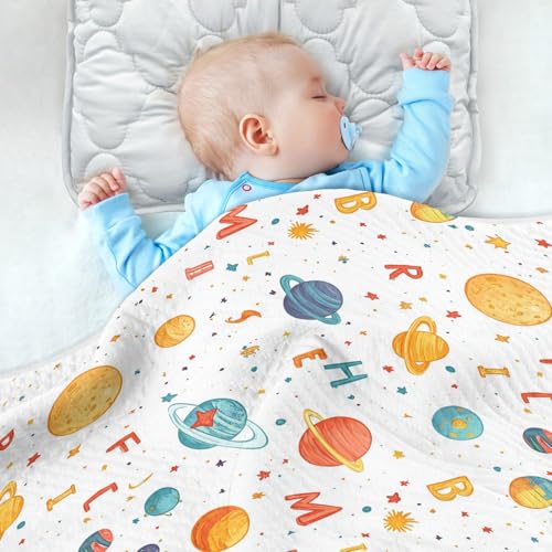 Image of Baby Swaddle Blanket for Baby Boy and Girl Soft Warm Security Bed and Play Blanket for Infant Toddler 30X40in Cartoon Outer Planets and Alphabet White