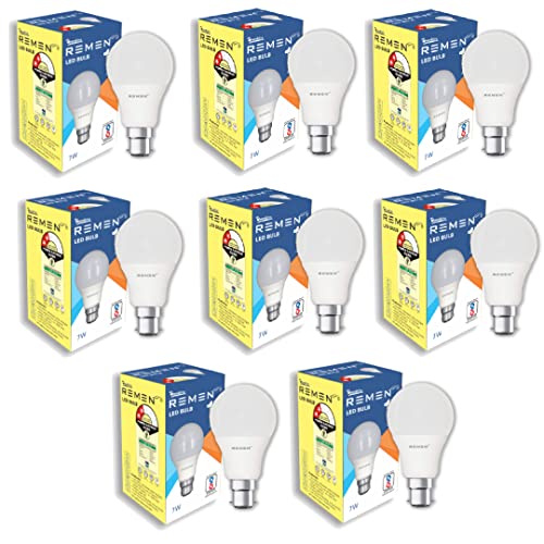 Image of REMEN B22 7W LED Bulb For Home & Office | High Efficiency & 2 Star | BIS Certified | 105 Lumens Per Watts | Cool Day Light (6500K) - Pack of 8