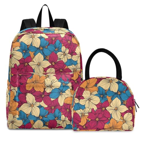 Backpack Lunch Bag Set Line Floral Pattern Print, Big Storage Travel Backpacks with Insulated Lunch Box for Office Hiking Picnic - Main Image