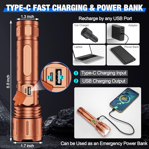 Image of Banral Flashlights High Lumens Rechargeable, Super Bright LED Powerful Flashlight, Type-C, 5 Modes, Zoomable, IPX5 Waterproof High Powered Tactical Flash Light for Emergency Camping,Brown