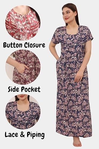 Image of GLAMORAS Bizzy Lizzy Cotton Nighty Gown with Side Pocket for Women | Regular, Digital Printed & Full Length Maxi Night Gown | Night Wear Maxi Gown for Women | Size: M-2XL