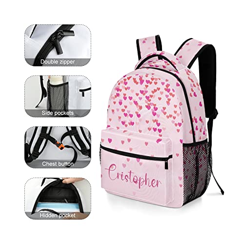 Pink Love Heart Custom Kids Backpack, Personalized Student School Bags for Boys & Girls, Bookbags for Travel, 12.2 X 5.9 X 16.5, H012583