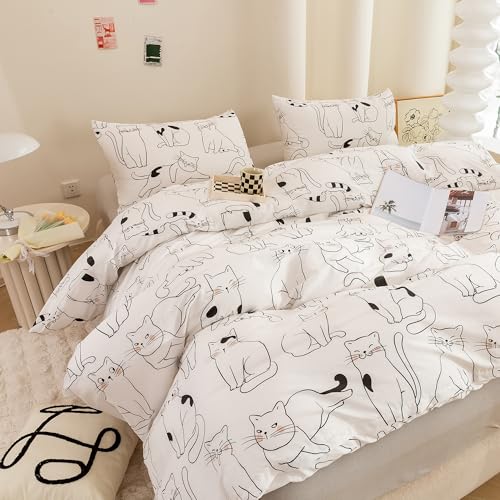ECOCOTT Duvet Cover Queen Size, 3 Pcs Cartoon Cats Animal Print Pattern Duvet Cover Set, Super Soft Comforter Quilt Cover with Zipper Closure 4 Ties