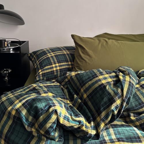 Image of MKXI Twin Size Forest Green & Mustard Yellow Plaid Duvet Cover Set, 3 Piece All Season Washed Cotton Bedding, Vintage Preppy Style Rustic Outdoor Bed Set with Zipper Closure & Corner Ties
