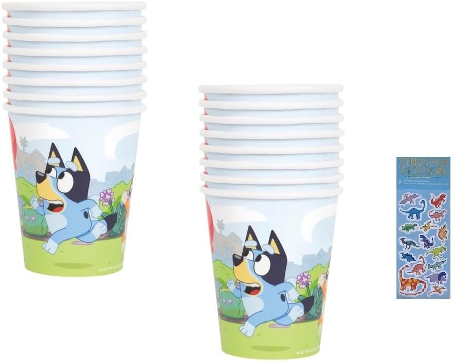Unique Bluey Birthday Party Supplies Bundle Pack includes 16 Party Paper Cups and 1 Dinosaur Sticker Sheet