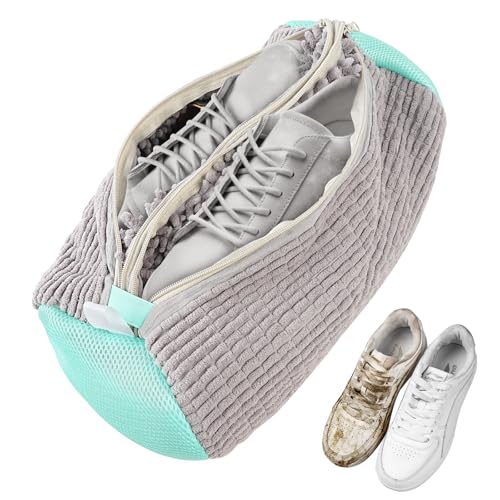 2-in-1 Shoe Washing Bag for Washing Machine – Dual Compartment Grey Laundry Bag, Reusable & Tear-Resistant for Trainers, Sneakers, Running Shoes (Wash 2 Shoes in 1 Bag)
