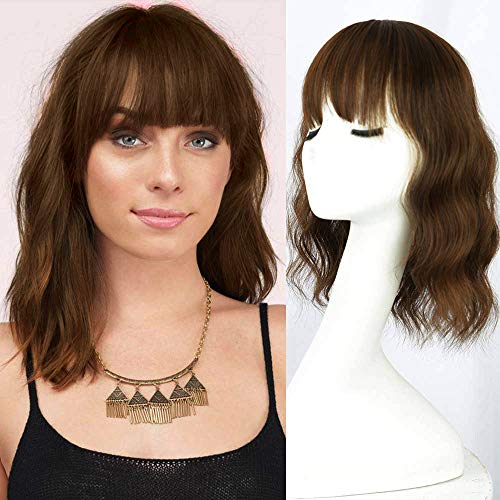 Lativ Hair Topper with Bangs Short Wavy Synthetic Wiglets Wave Hair Extensions on Top for Women Natural Black Mix Light Auburn Hairpieces Clip on Top for Thin Hair (2/30#, 14Inch Curly)