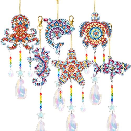 6 Pcs Diamond Painting Suncatcher, Double Sided 3D Diamond Painting Wind Chime Paint by Number, Diamond Painting Hanging Ornaments for Adults Kids Home Garden Ocean
