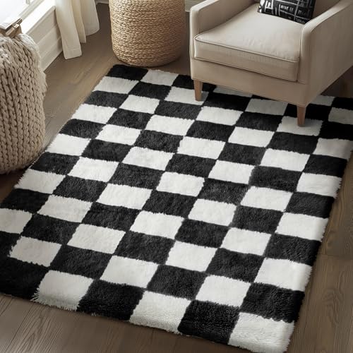 HUGEAR Tapis Salon Shaggy Damier Tapis Chambre Adulte Fille Doux Moelleux Descente de lit AntidéRapant Moderne Grand Tapis Noir Blanc 140×200cm Decoration...