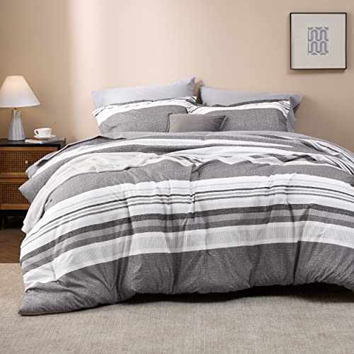 Image of Bedsure King Comforter Set 7 Pieces, Frost Grey Striped Bedding Set for All Seasons, Reversible, Cationic Dyeing Bed in a Bag with Comforter, Sheets, Pillowcases & Shams