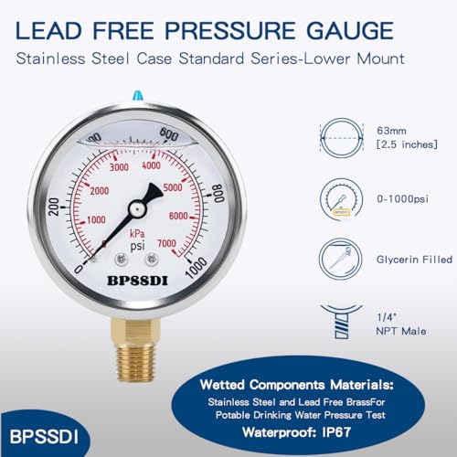 Image of 0-1000 Psi Glycerin Liquid Filled Hydraulic Pressure Gauge, 2.5 inch Dial Size, 1 /4 inch NPT Lower Mount, 304 Stainless Steel Case, for Water Oil Air Gas Pressure Test