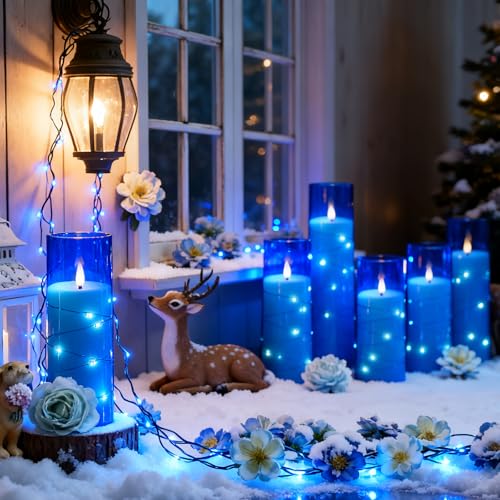 Image of Sasigeiaa Flameless Candles with Embedded Star String - Battery Operated LED Candles, with Remote,12 Blue Flickering Candles for Christmas, Weddings, Home Decor & Party,(D 2.3 inchxH 5 inch 6 inch 7 inch)