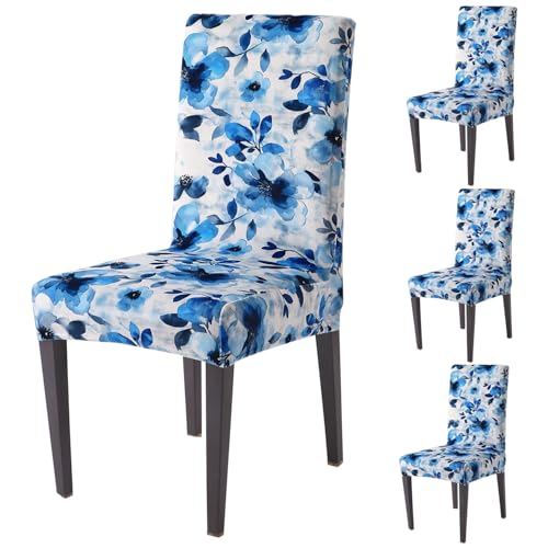 Image of HOKIPO Premium Printed Velvet Chair Cover Set of 4 for Dining Table, Blue Azure Botanical (AR-5794-D8*4)