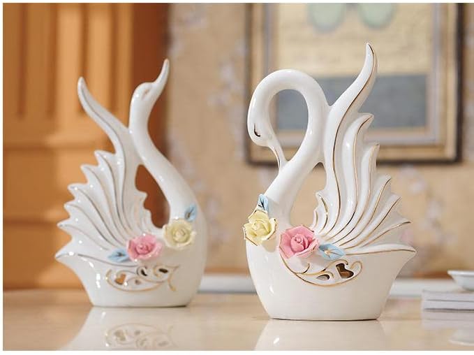 UNIVERSE LIGHTS Ceramic Swan Figurines Porcelain Bone China Swan Figurine 23x14cm, 22x14cm,White-Multicolour Flower Set of 2