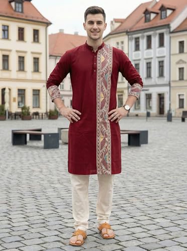 Image of Men's Jamdani Printed Kurta Pajama Set | Pure Cotton Ethnic Kurta with Mandarin Collar & Dupion Silk Pyjama | Festive & Weddings 303A12A 303SB12B(M XXL)