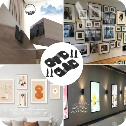 Image of 8 Pairs Interlocking Flush Mount Bracket Picture Hanging Hooks Stainless Steel Heavy Duty Photo Frame Hook Large Picture Hanger Buckle Furniture Connector Headboard Wall Mounting Hardware（Black）
