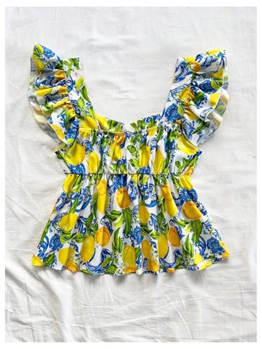 MakeMeChic Women's Lemon Print Ruffle Sleeve Blouse Peplum Summer Shirt Tops2