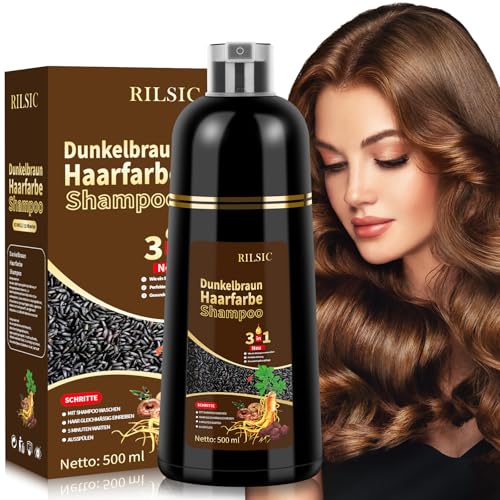 500ML Haarfarbe Dunkelbraun,Natürliche Dunkelbraun Haarfärbeshampoo,Dark Brown Hair Dye 3 IN 1 Gegen Graue Haare-Instant Hair Color Shampoo,Sofort-Haarfarben-Shampoo für Männer Frauen