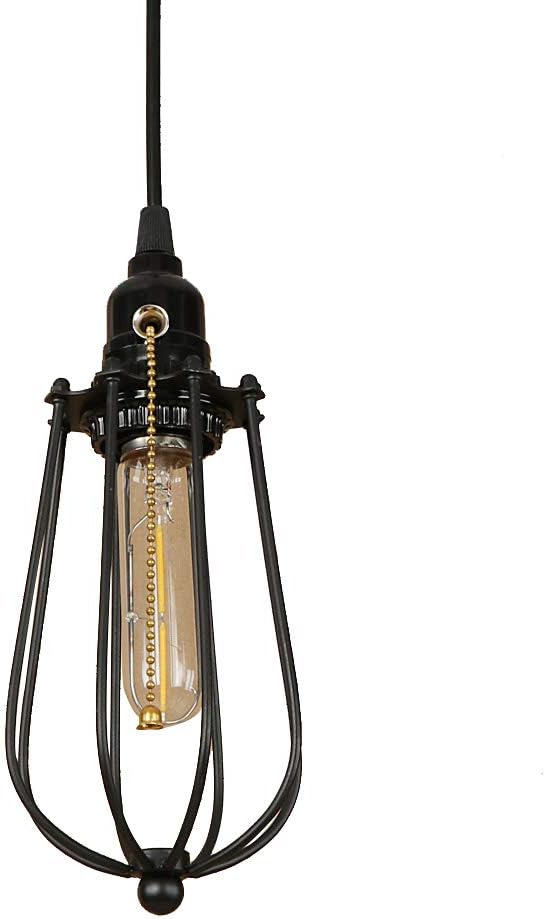 EFINEHOME 1 light Hanging Swag Lamp with Plug in 15 Ft Cord On/Off Switch with Pull Chain- Black Industrial Vintage Cage Pendant Light (Lampshade Pomelo)