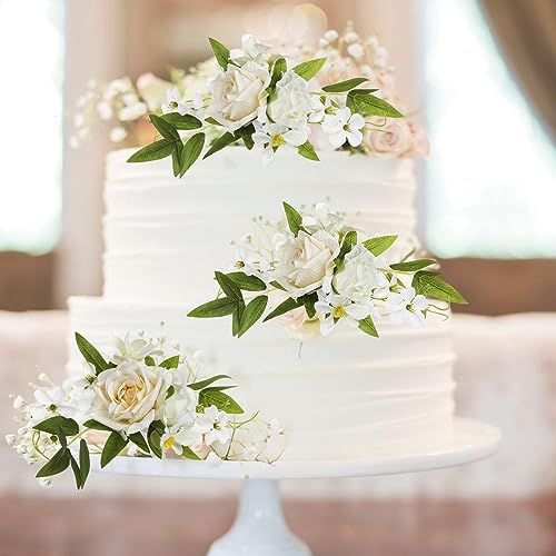 RAYNAG 3 Pieces Wedding Flower Cake Topper Wedding Cake Decorations Engagement Cake Topper Artificial Rose Cake Decorations Birthday Cake Flower for Baby Shower Engagement Anniversary Party Supplies