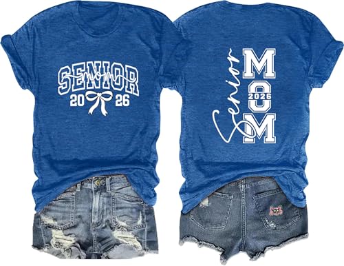 RXGOY Senior Mom 2026 T-Shirt for Women Class of 2026 Graduation Double-Sided Print Short-Sleeve Funny Novelty Bow Graphic Top-Blue M