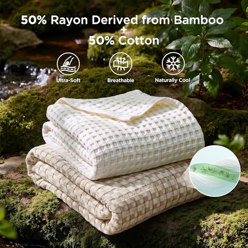 Image of Bedsure Cooling Waffle Full Size Blanket - Lightweight Cotton Blanket for Hot Sleepers, Luxury Throws for Bed, Couch and Sofa, Khaki, 80x90 Inches