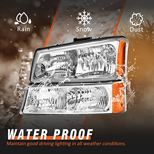 Axlaha 2003 2004 2005 2006 Chevy Silverado Headlights Assembly For 03 04 05 06 Chevy Silverado Avalanche 1500/2500/3500 Chrome Housing Amber Reflector Clear Lens Replacement Driver And Passenger Side #TOP4