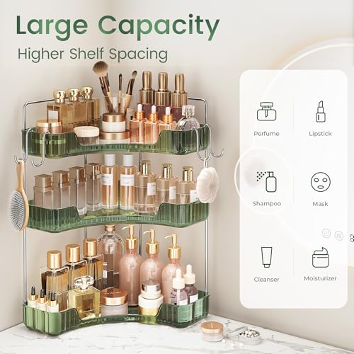 Image of 3-Tier Green Corner Organizer, PET Counter Storage with Hooks | Multi-Surface Organizer for Bathroom Vanity & Kitchen Countertop