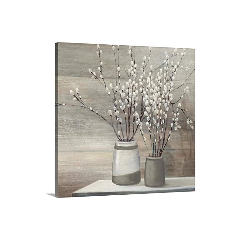 Pussy Willow Still Life Gray Pots Crop Canvas Wall Art Print, Floral Artwork