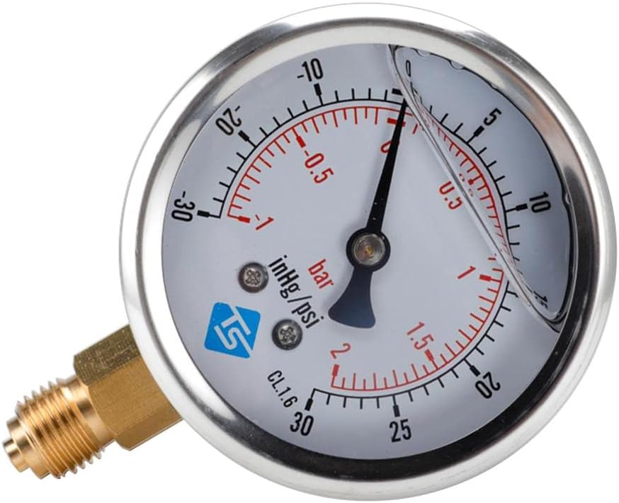Stainless Steel Vacuum Gauge S/Steel Case 68mm -1/0 Bar &-30-0Hg, for Water, Oil, Air, Gas, Accurate Measurement, Weatherproof IP65, Glycerine Filled, Brass - C, Silver