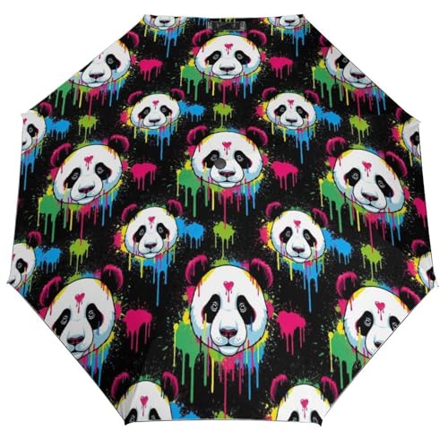 CWECVWE Compact Automatic Folding Umbrella, Sun Rain Protection Black Coating, Fashion Printed Style, Unisex Essential for Camping Shopping Work Trips Splash Ink Panda