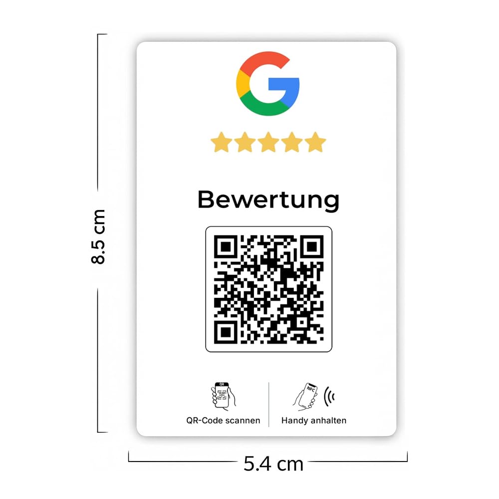 Karte für Google Bewertungen mit NFC & QR Code auf Deutsch – KI-Antwort-App inklusive - (5er Set)
