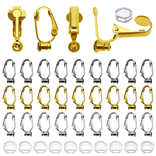 TOAOB 24pcs Composant de Conversion Clip Fermoirs de Boucle d'oreille en Laiton 20 x 10mm Plaqué or Plaqué argent Acier pour Oreilles Non Percées Accessoire...