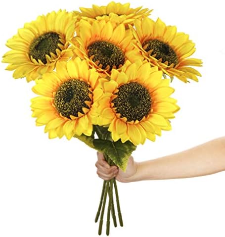Plobach Artificial Silk Sunflowers 6 Pcs Long Stem Fake Sunflowers Bouquet Large Sunflowers Decor for Home Hotel Office Wedding Party Garden