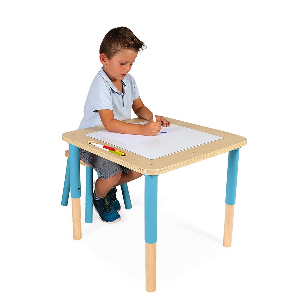 Janod - Table d'Activités Évolutive en Bois - 5 Activités Premier Âge - Plateau à Dessin Magnétique - Avec Sac de Rangement Accrochable - Dès 18 Mois, J08041