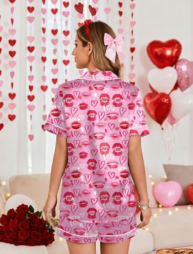 Image of Ekouaer Womens Satin Silk Pajamas Set Short Sleeve Sleepwear Button Down Top and Shorts Loungewear 2 Piece Pjs Set S-XXL Lip Print Heart Large