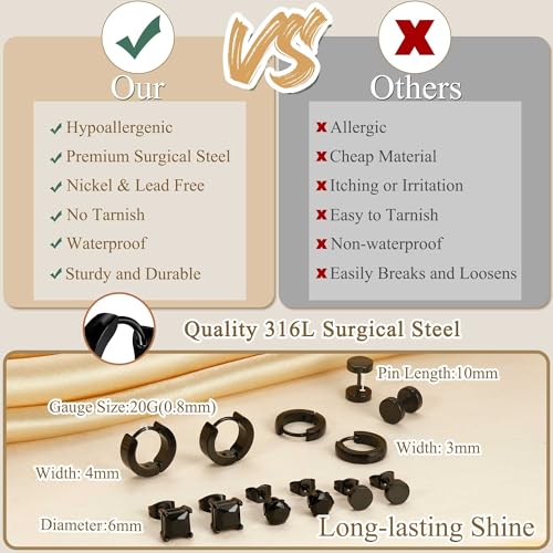 Jstyle 6 Pairs Stainless Steel CZ Stud Earrings for Men Women Black Earrings Huggie Small Hoop Earrings Ear Piercing Jewelry for Men - Thumbnail 5