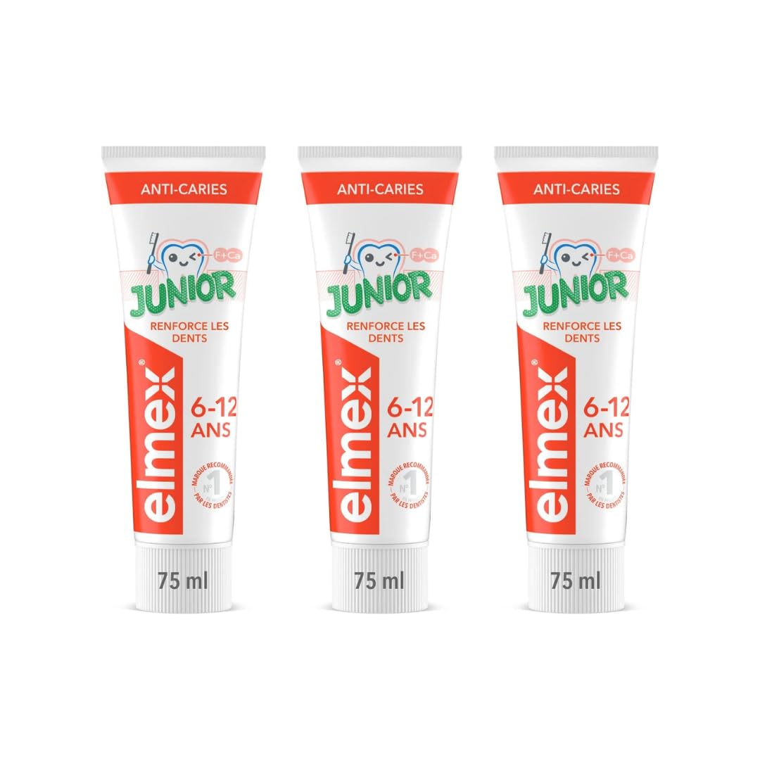 ELMEX - Dentifrice Enfant, 6-12 Ans, Formulé pour Prendre Soin des Nouvelles Dents Permanentes, Protège Contre les Caries, Lot de 3 Tubes de 75 ml