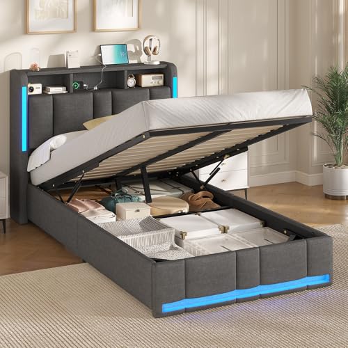 AOGLLATI Lit Coffre 90x200 CM, Lit Double avec LED et Ports USB, Cadre de lit avec Tête de Lit capitonné et Rangement, Lattes en Bois, Lin Gris Foncé(sans Matelas)