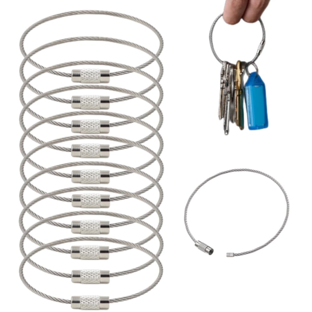 Evaluemart Pack of 10 Wire Keychain Stainless Steel Keychains, Cable Key Chain, Wire Rope Keychain for Home, Suitable for Hiking, Hanging Luggage Tags, Keys and ID Tag (15Cm*1.5Mm)