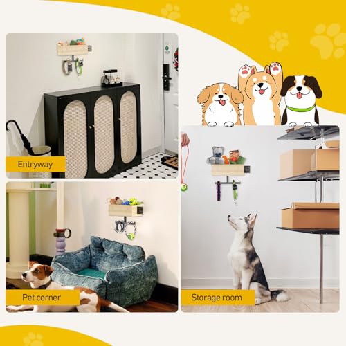 BugyKido Hundegarderobe mit Ablage, Hölzerne Hundeleinen Halterung, Hunde Garderobe für Schlüssel, Hundeleinen, Kotbeutelspender und Zubehör (Größe L)