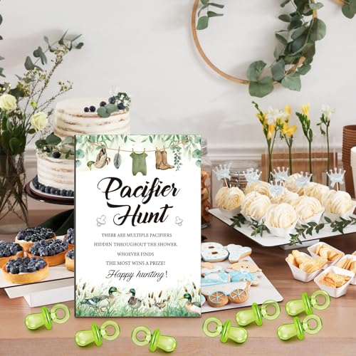 Image of Thyle 51 Pcs Mallard Duck Pacifier Hunt Baby Shower Games Include Hunt Sign and 50 Acrylic Pacifiers for duck hunting Baby Shower Game Decoration Sets Gender Reveal newborn announcement Party Decor