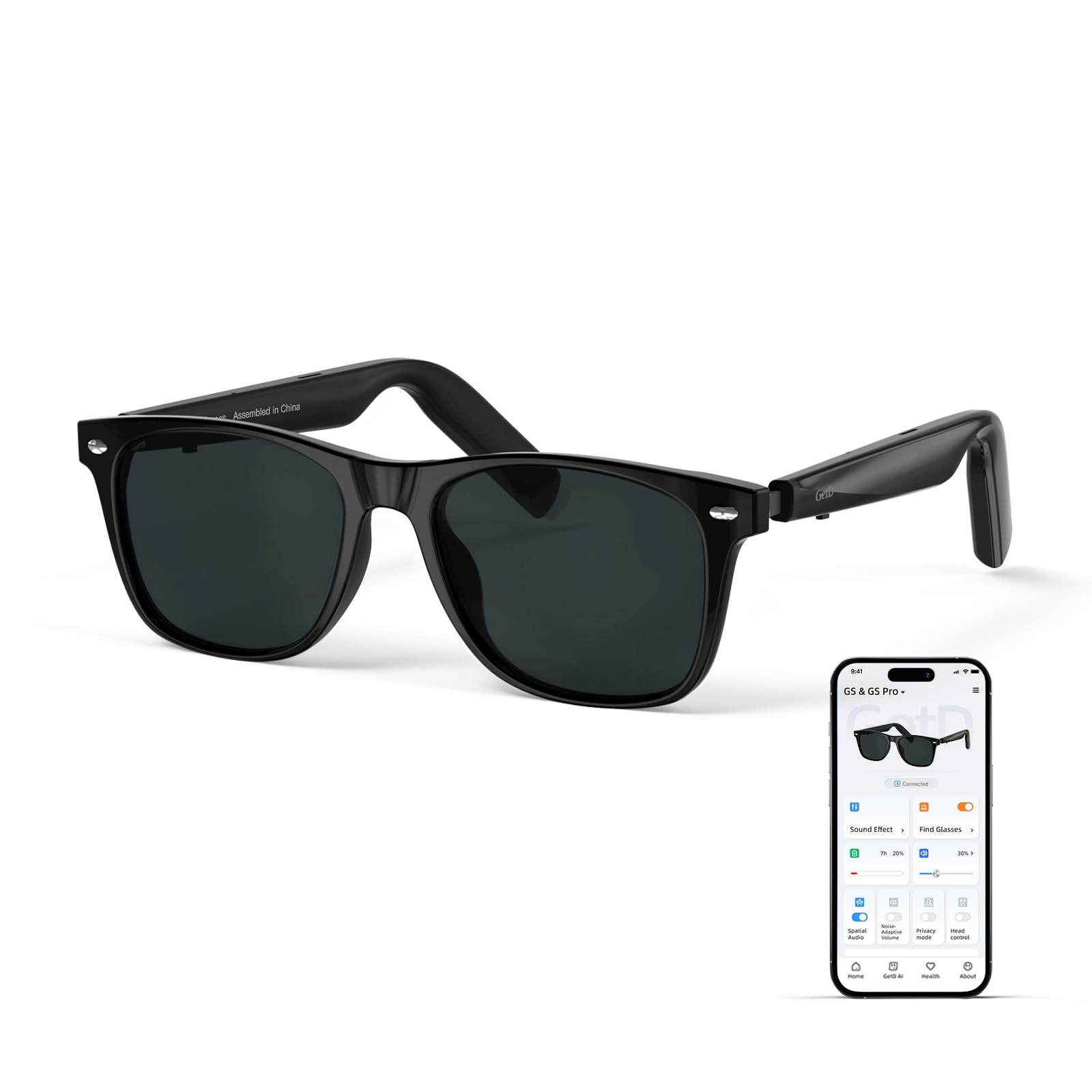 GetD AI Glasses, AI Assistant Powered by ChatGPT, Smart Glasses, Polarised Sunglasses, Bluetooth Smart Sunglasses for Men and Women, 2-in-1 Headphones and Glasses Black Frame + Grey Polarized Lens