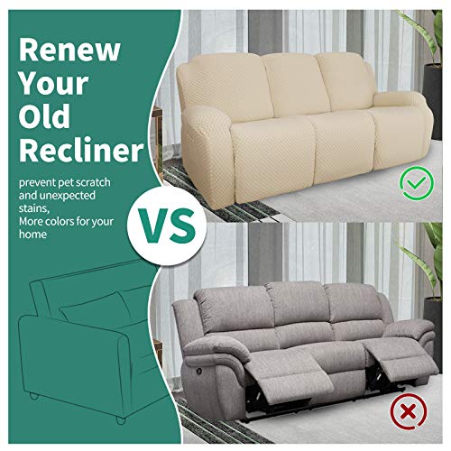 Image of YEMYHOM 8 Pieces Stretch Recliner Sofa Cover Jacquard Reclining Couch Cover with Side Pocket Anti-Slip Fitted 3 Cushion Furniture Slipcovers with Elastic Bottom (Sofa Recliner, Beige)