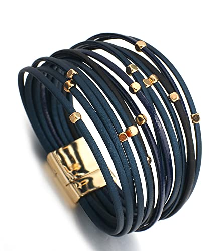 hotoo Beaded Leather Bracelets for Women Wrap Bracelet Boho Handmade Dark Blue Chunky Layered Cuff Bangles Mom Daughter Aunt Niece Grandma Granddaughter Christmas Gift