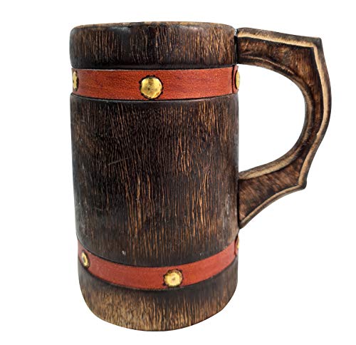 Collectiblesbuy Wooden Mug For Drinking Beer Coffee Tea Handcrafted Eco-Friendly Rustic Knitted Leather Strap Wood Tankard Stein #TOP6