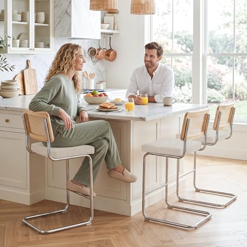 Image of Zesthouse Natural Rattan Counter Stools Set of 2, 26'' Modern Counter Height Barstools, Thin Linen Bar Stools with Solid Wood Back, Mid Century Cantilever Bar Chairs for Kitchen Island, Beige Grayish