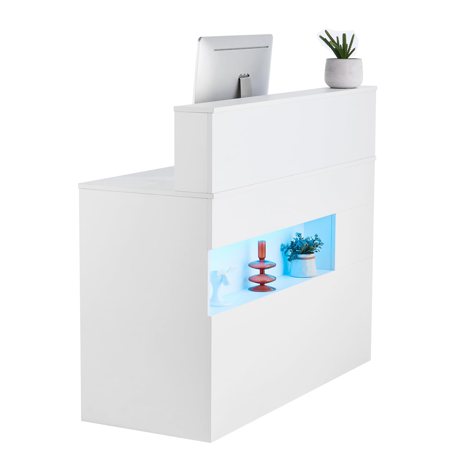 VEVOR Banco Reception 1200 x 475 x 1000 mm Tavolo da Banco Rettangolare, Tavolo di Vendita per Ufficio con Luce a LED, 2 Cassetti e Prese, per Cassa, Hall, Salone di Bellezza e Ufficio, Bianco